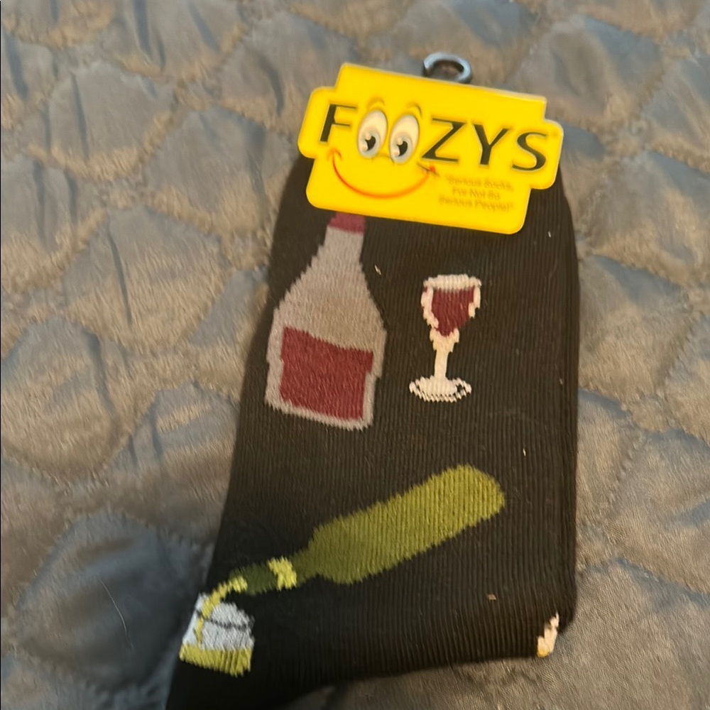 Fuzzy Black Socks with Wine Bottle Design